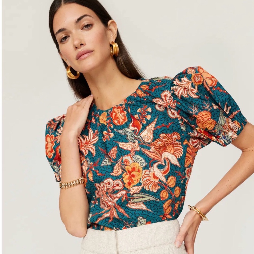 Ulla Johnson Teal and Orange Floral Frances top nwt 8 delphinium